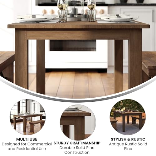 Merrick Lane Rustic Brown Solid Wood Dining Table, Kitchen Table with Square Legs, Farmhouse Dining Table, 38" x 60", Seats 6, Rustic Finish for Indoor or Outdoor Use Merrick Lane