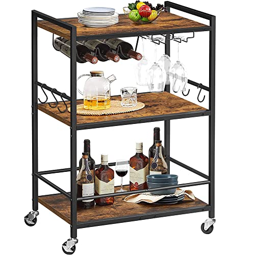 TUTOTAK Bar Cart, Serving Cart for Home, Microwave Cart, Drink Cart, Mobile Kitchen Shelf with Wine Rack and Glass Holder, Rolling Beverage Cart BC01BB030 - WoodArtSupply