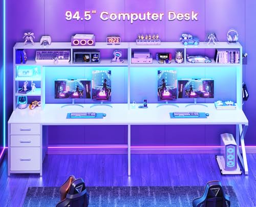 SEDETA Corner Computer Desk, Convertible 94.5" Gaming Desk with Storage Drawers, Hutch and Pegboard, L Shaped Office Desk with Power Outlet, LED Lights for Home Office, White SEDETA