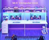 SEDETA Corner Computer Desk, Convertible 94.5" Gaming Desk with Storage Drawers, Hutch and Pegboard, L Shaped Office Desk with Power Outlet, LED Lights for Home Office, White SEDETA