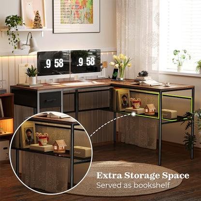 L-Shaped Rustic Brown Desk with Power Outlets and Storage Solutions - WoodArtSupply