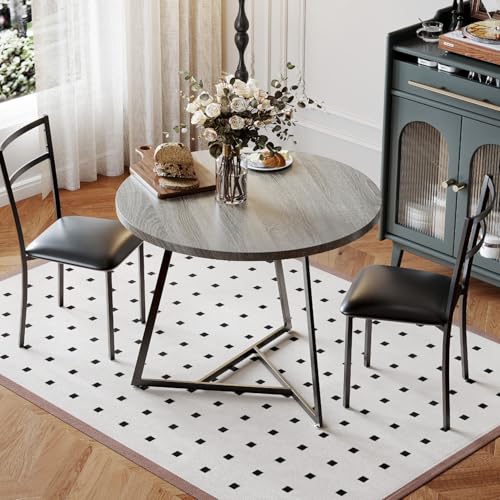 Garvee Dining Table Set for 2, Wooden Kitchen Table and Chairs of 2 with Upholstered Chairs, Round Kitchen Tables Set, 3 Piece Dining Room Table Sets for Small Space, Apartment, Rustic Gray Garvee