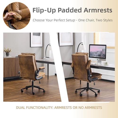 VINGLI Comfy Brown Leather Office Desk Chair,Ergonomic High-Back Computer Gaming Chair with Replaceable Wheels,Dual-Base,Adjustable Height&Armrests,360 Swivel Task Chair for Home Office,Vintage,Rustic VINGLI