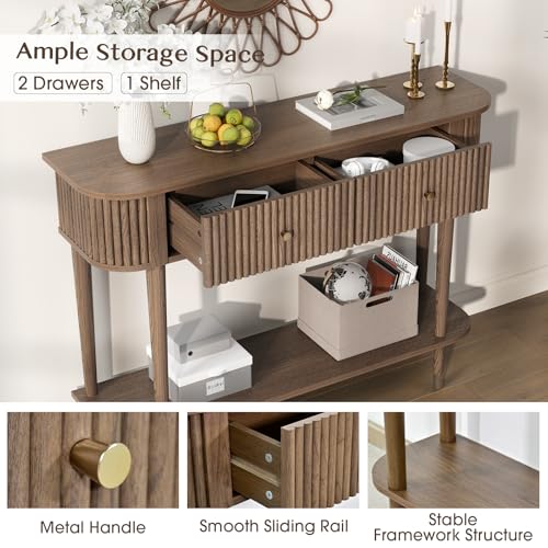 JOINICE 43" Entryway Table with Drawers,Fluted Console Table with Storage Shelf,Narrow Sofa Table for Living Room,Hallway,Foyer,Walnut JOINICE