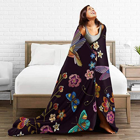 Abucaky Hummingbird Bird Fleece Throw Blanket Ultra Soft Cozy Blooming Flowers Decorative Flannel Blanket All Season for Home Couch Bed Chair Travel 60x50in Abucaky