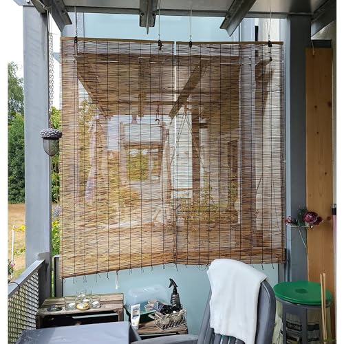 Bamboo Blackout Roller Shades - Natural Hand-Woven Privacy Blinds for Indoor and Outdoor Use, 64" W x 84" H