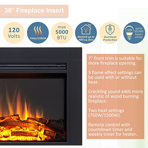 LegendFlame Jaden 36" W x 22" H (EF376) Electric Fireplace Insert with Front Trim Kit, Fire Crackling Sound, 750W/1500W Heater, Remote Control Legend Flame
