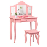 Costzon Kids Wooden Vanity Table & Stool Set, 2 in 1 Detachable Design with Dressing Table and Writing Desk, Princess Makeup Dressing Table with Two 180° Folding Mirror, for Girls, Kids (Pink) Costzon