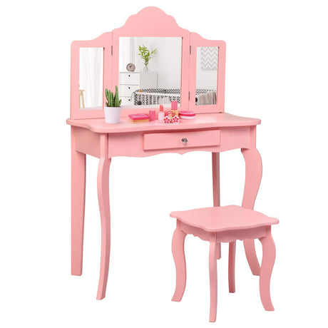 Costzon Kids Wooden Vanity Table & Stool Set, 2 in 1 Detachable Design with Dressing Table and Writing Desk, Princess Makeup Dressing Table with Two 180° Folding Mirror, for Girls, Kids (Pink) Costzon
