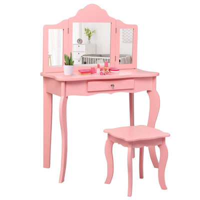 Costzon Kids Wooden Vanity Table & Stool Set, 2 in 1 Detachable Design with Dressing Table and Writing Desk, Princess Makeup Dressing Table with Two 180° Folding Mirror, for Girls, Kids (Pink)