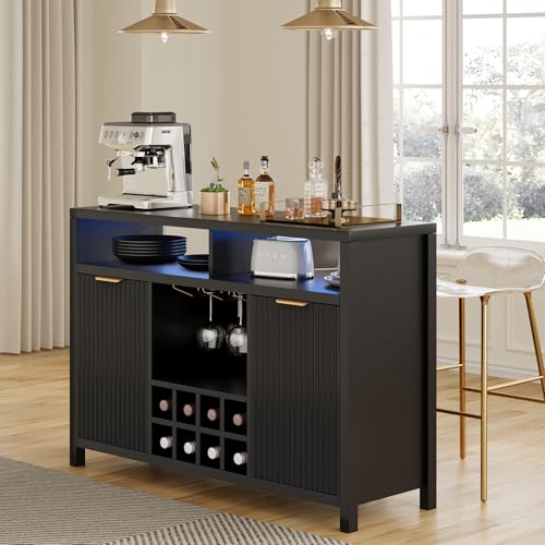 Fluted Home Bar Wine Cabinet with LED Light, Charging Station, Wine Rack - Buffet Cabinet with Storage, Coffee Bar Table, Stylish Fluted Credenza Cabinet for Modern Home Kitchen 47.2" Black Svimi