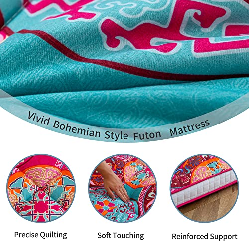 MAXYOYO Bohemian Style Futon Mattress, Padded Japanese Floor Mattress Quilted Bed Mattress Topper, Extra Thick Folding Sleeping Pad Breathable Floor Lounger Guest Bed for Camping Couch, Red, Full MAXYOYO