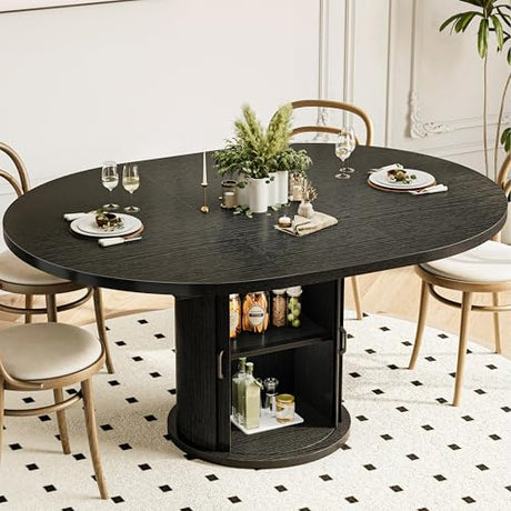 CABZOON 47-63in Extendable Round Dining Table for 4-8 Modern Round Kitchen Table Circle Dining Table with 2-Tier Storage Shelf, Space Saving Expandable Wood Oval for Living Room Walnut Black CABZOON