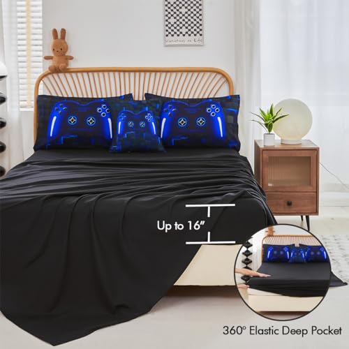 PERFEMET Twin Size Bed in A Bag 6 Pieces Gaming Bedding Set for Boys Blue Gamer Comforter with Sheet Set for Kids Teen Cool Video Game Black Quilt Bedding Set(Blue, Twin) PERFEMET