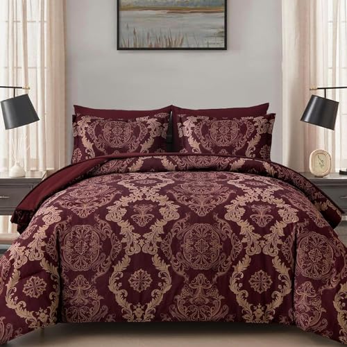 WONGS BEDDING Burgundy Comforter Set Queen Size, Maroon Damask Texture 7 Pieces Bed in a Bag Microfiber Comforter Bedding Sets -1 Comforter, 1 Flat Sheet, 1 Fitted Sheet, 2 Pillow Shams, 2 Pillowcases WONGS BEDDING