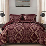 WONGS BEDDING Burgundy Comforter Set Queen Size, Maroon Damask Texture 7 Pieces Bed in a Bag Microfiber Comforter Bedding Sets -1 Comforter, 1 Flat Sheet, 1 Fitted Sheet, 2 Pillow Shams, 2 Pillowcases WONGS BEDDING