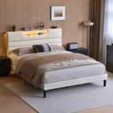 OURPIC Queen Bed Frame with Charging Station and LED Light, Upholstered Bed Frame Queen Size with Headboard, Wood Bedframe No Box Spring Needed, Easy Assembly, Beige OURPIC