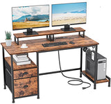 Furologee Computer Desk with Drawer and Power Outlets, 47" Office Desk with 2 Monitor Stands and Fabric File Cabinet, Writing Gaming Table with Shelves and 2 Hooks for Home Office, Rustic Brown Furologee