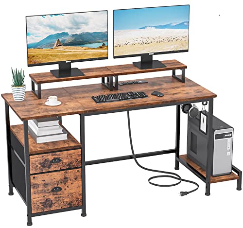 Furologee Computer Desk with Drawer and Power Outlets, 47" Office Desk with 2 Monitor Stands and Fabric File Cabinet, Writing Gaming Table with Shelves and 2 Hooks for Home Office, Rustic Bro - WoodArtSupply