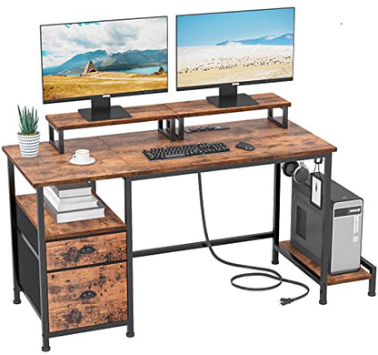 Furologee Computer Desk with Drawer and Power Outlets, 47" Office Desk with 2 Monitor Stands and Fabric File Cabinet, Writing Gaming Table with Shelves and 2 Hooks for Home Office, Rustic Bro - WoodArtSupply