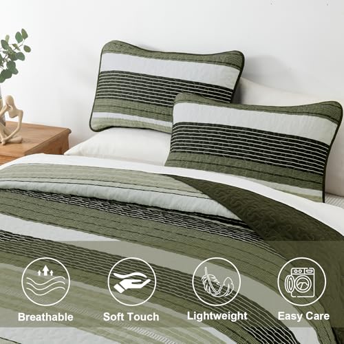 Quilt Set Queen Size Sage Green Striped Bedding Set 3 Piece Lightweight Bedspreads Coverlets Set Soft Microfiber Summer Striped Quilts With 2 Pillowcases All Season Patchwork Comforter Set 96"×90" Djoymock