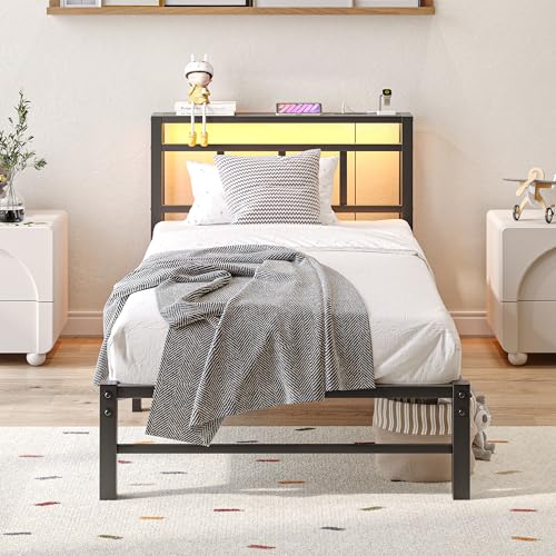 Maliacife Twin Bed Frame with Headboard,Single Bed Frame with Charging Station and LED Lights,Metal Platform Bed Twin Sizes,No Box Spring Needed,Easy Assembly,Black (Sand Black, Twin) Maliacife