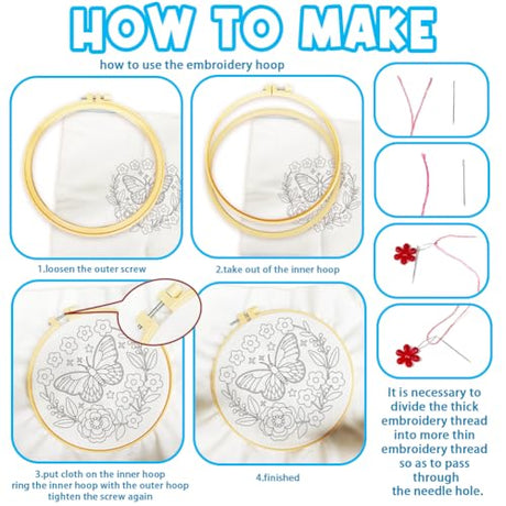 ACRNIGHEET 5PCS Embroidery Kit for Beginners Adults, Butterfly Embroidery Kit, Flowers Embroidery Starter Kit with Instructions, Including 5 Stamped Embroidery Cloth Hoops Threads, Crafts Gift Idea ACRNIGHEET