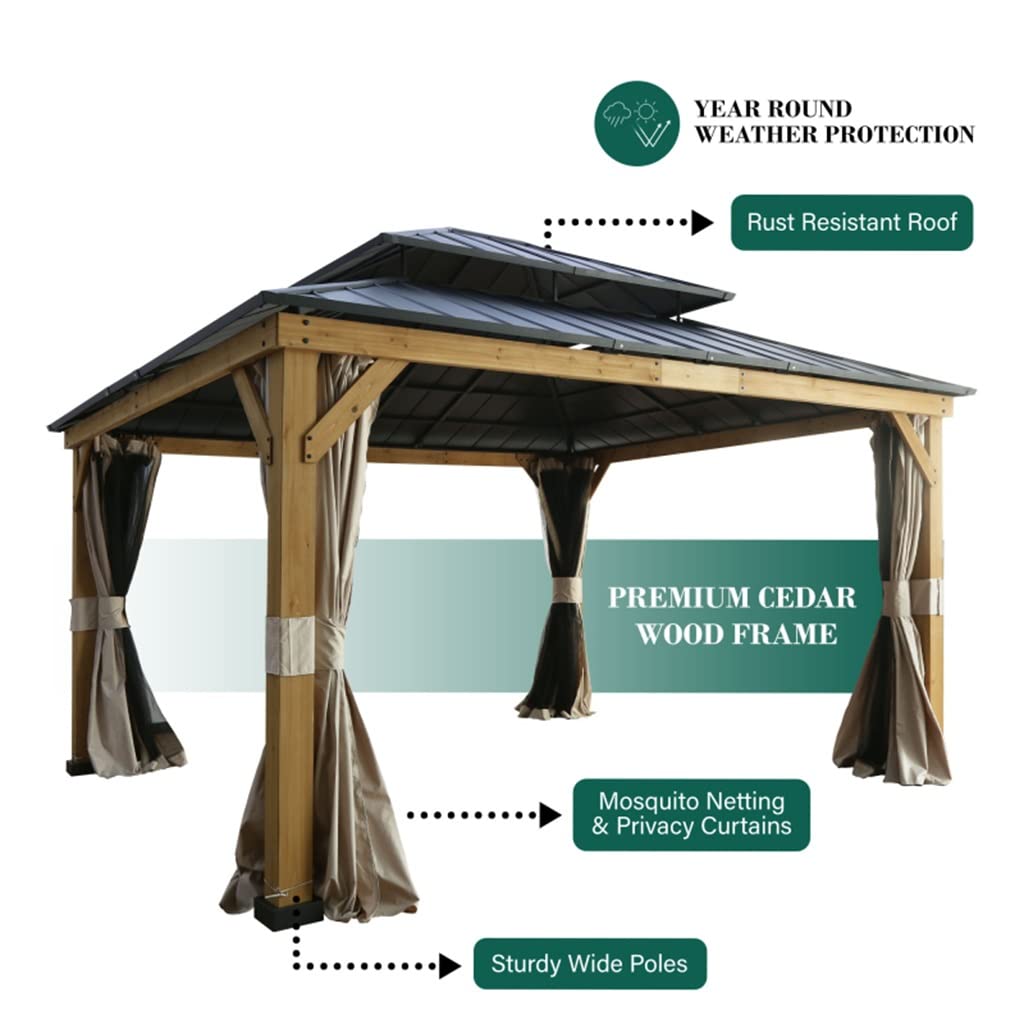 GAELOP DFHBFG 11 Ft. W X 13 Ft. D Solid Wood 2-Tier Patio Gazebo Metal Hard Top Gazebo with Curtains and Netting