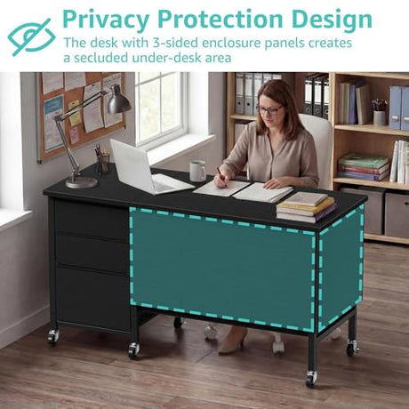 Rolling Teacher Desk with File Drawer & Privacy Panel, 47" Mobile Computer Desk with 3 Storage Drawers on Wheels, Modern Office Desks with File Cabinet for Classroom & Home Office, Black WINAZ