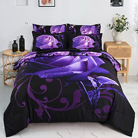 Xruibed Floral Comforter Set Full 7 Piece Bed in a Bag Purple Rose Flower Comforter with Sheet Set Soft Micorfiber Bedding Set (1 Comforter,2 Pillow Shams,1 Flat Sheet,1 Fitted Sheet,2 Pillowcases) Xruibed