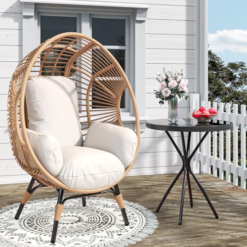LUTINLIX Oversized Wicker Egg Chair Outdoor Indoor,Patio Lounge Chair with Thicken Cushions, Egg Reading Chair 500lbs Capacity for Garden, Backyard, Porch,Bedroom (Beige-Regular, 1pcs) LUTINLIX