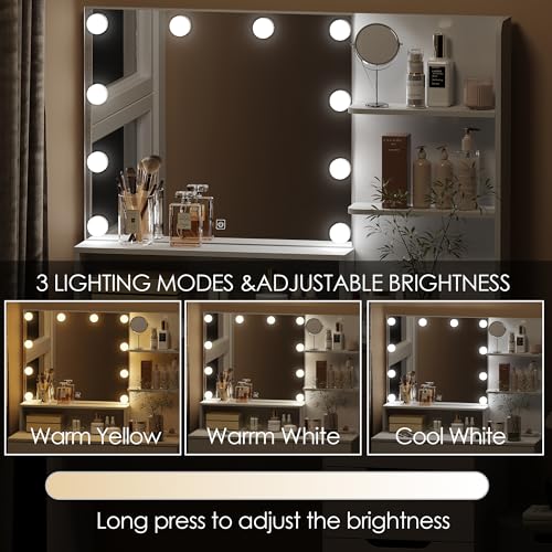 HMYZOM Makeup Vanity with 10 LED Lighted Mirror, White Vanity Desk with Large Desktop, Multi-Drawers & Open Shelves, Modern Vanity Table Makeup Table, 3 Color Modes & Adjustable Brightness HMYZOM