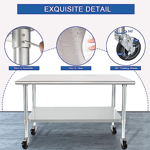 HARDURA Stainless Steel Table with Wheels 24 x 48 Inches Casters NSF Heavy Duty Commercial Work & Prep Table with Undershelf and Galvanized Legs for Restaurant Kitchen Bar and Hotel Garage HARDURA Restaurant Equipment