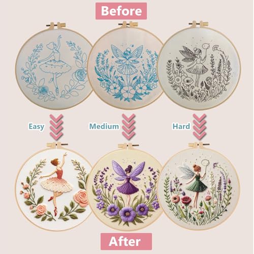 Embroidery Kit for Adults, Pre-Stamped Pattern Embroidery Kit for Beginners, Needlepoint Starter Kit with Hoop Thread Needle Instruction, 7.9'' Hoop (Flower Fairy 3 Packs)