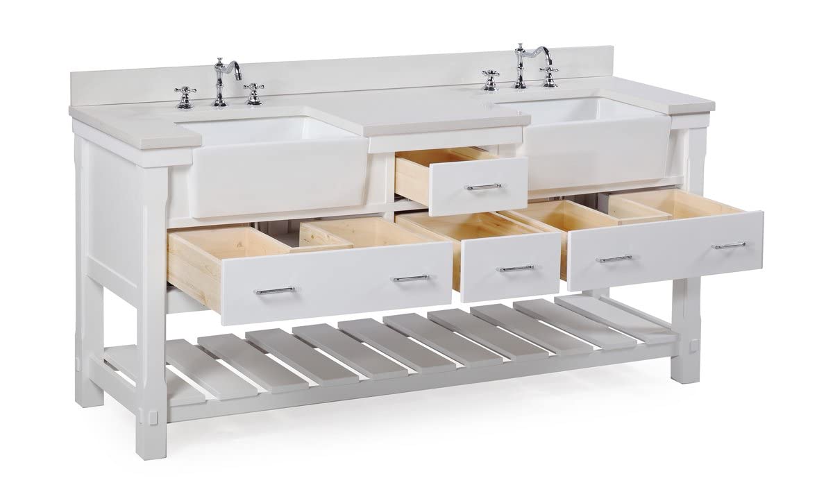 Charlotte 72-inch Double Farmhouse Bathroom Vanity: Includes White Cabinet with Quartz Countertop and White Ceramic Apron Sinks Kitchen Bath Collection