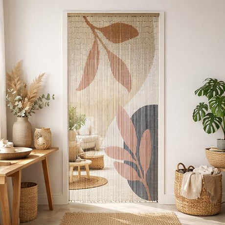 Decorative Beaded Door Curtain - Beige Autumn Leaves Design, 36 x 79 Inches, Natural Bamboo Beads for Doorways, Room Dividers and Home Decor - Handcrafted, Easy to Install EVIDECO French Home Goods