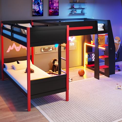 FUvellamo L Shaped Triple Bunk Beds for Kids, Twin Size Gaming Bunk Bed with Desk, Shelves and LED Light, Wood Gaming Bunk Beds for 3, Black+Red FUvellamo