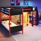 Merax L-Shaped Twin Size Triple Bunk Bed for 3 People, Wood Gaming Loft Bed with Built-in Desk, Shelves, Lights and Full-Length Guardrails, Black+Red Merax
