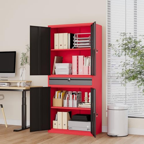 LISSIMO Metal Garage Storage Cabinet with Locking Doors and Drawer, 71" Steel Tool Storage Cabinet with Adjustable Shelves for Garage,Office,Warehouse (Red Black) LISSIMO