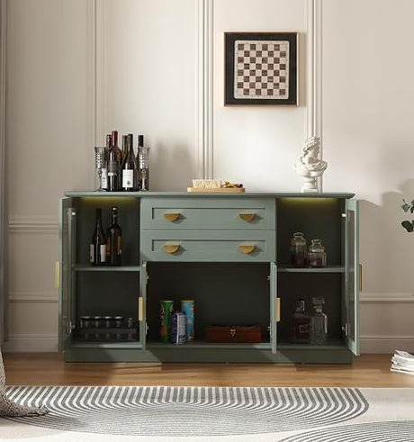 FOREST GRAVITY 58.27'' Buffet Cabinet with 2 Drawers and Adjustable Shelves,Large Glass Door Coffee Bar Cabinet,Modern Farmhouse Sideboard Credenza for Kitchen,Green FOREST GRAVITY