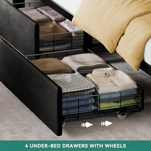 YITAHOME King Size Bed Frame with 4 Drawers and RGB LED Lights, Velvet Upholstered Platform Bed with Charging Station and Storage Headboard, No Box Spring Needed, Easy Assembly, Noise-Free, Black YITAHOME