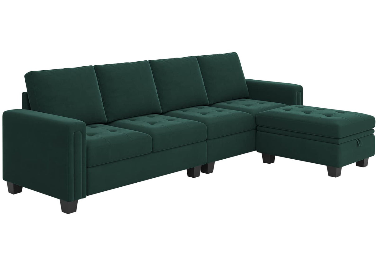 Belffin Velvet Reversible Sectional Sofa with Chaise Convertible L Shaped 4-seat Sectional Couch with Storage Ottoman Green Belffin