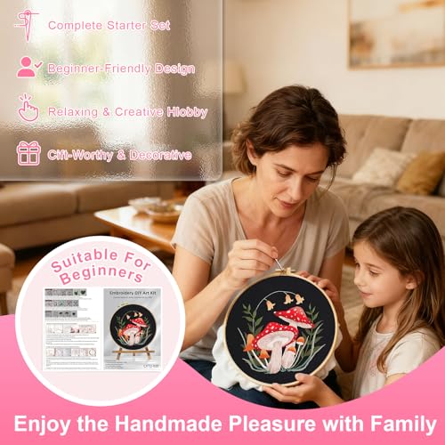 Huacan Embroidery Kit for Beginners Adults Includes Stamped Flower Pattern, Hoop, Color Threads,Tools,Easy to Follow Instruction (Mushroom)