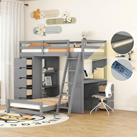 Merax Twin Multifunction Bunk Bed with Desk/Storage Drawers, Wood Bunk Bed with LED Light and USB Ports for Boys, Girls, No Box Spring Needed Gray Merax