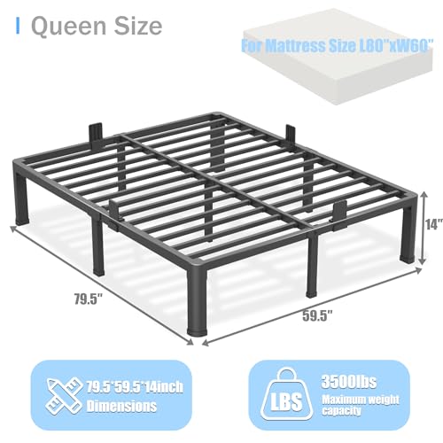 Yitong Angel 14 inch Queen Bed Frame with Round Corner Legs Mattress Slide Stopper,3500 lbs Heavy Duty Metal Platform,Steel Slats Support,No Box Spring Needed,Easy Assembly,Noise Free Yitong Angel