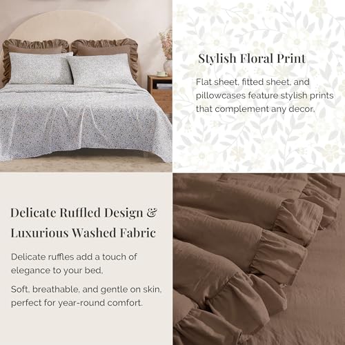 BLOOMHAVEN King Comforter Set - 7 Pieces Ruffle Amber Brown Bedding Sets, Shabby Chic Farmhouse Bed in a Bag with Ruffle Comforter, Floral Sheets, Pillowcases & Shams BLOOMHAVEN