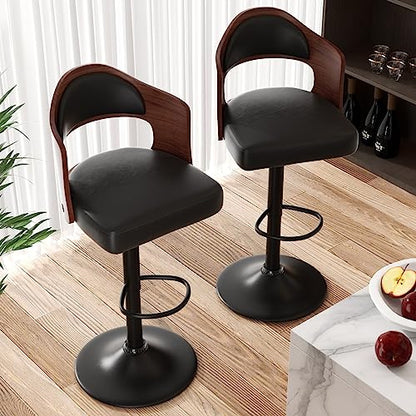 Nalupatio Swivel Bar Stools Set of 2 Seat Adjustable Height 24.5-33.5IN, Wooden Barstools PU Leather Upholstered Bar Chairs with Back & Footrest for - WoodArtSupply