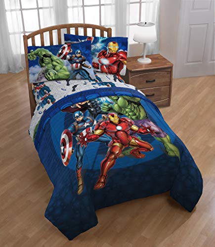 Marvel Avengers Blue Circle 5 Piece Full Bed Set - Includes Reversible Comforter & Sheet Set - Bedding Features Captain America & Iron Man - Fade Resistant Microfiber (Official Marvel Product) Jay Franco