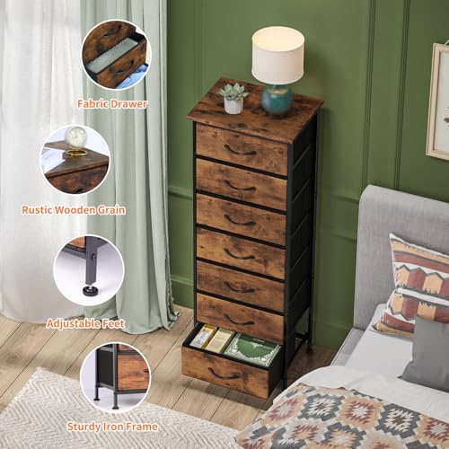 Fixwal Tall Dresser for Bedroom, Storage Dresser Organizer with 7 Fabric Drawers, Nightstand Furniture in Closet, Entryway, Hallway, Rustic Brown Wood Grain Print Fixwal