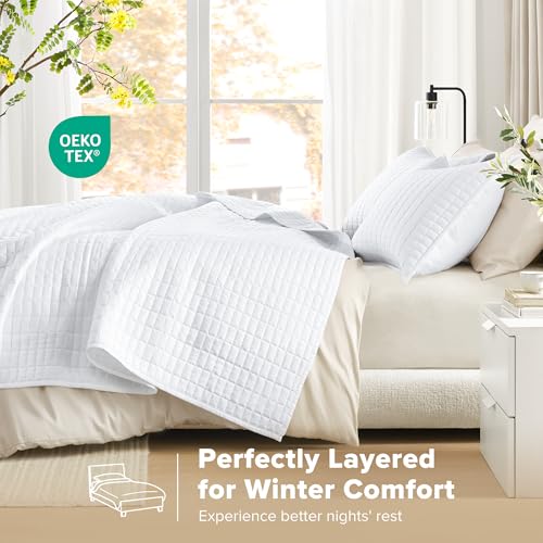 Comfort Spaces Kienna Quilt Set- Double Sided Stitching Design Summer Blanket, Lightweight, Soft, All Season Bedding Layer, Matching Sham, White, Coverlet King (104"x90") 3 Piece Comfort Spaces